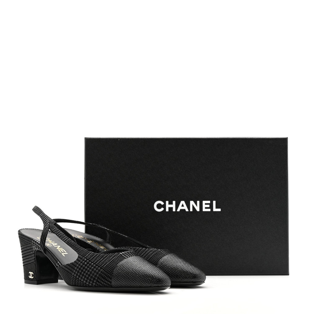 Chanel Suede Kidskin Cap Toe CC Slingback Pumps 39 Black