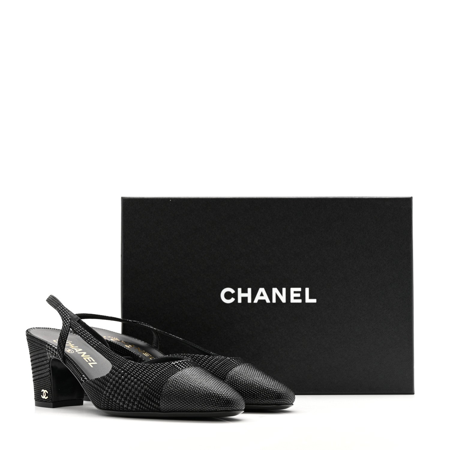 Chanel Suede Kidskin Cap Toe CC Slingback Pumps 39 Black