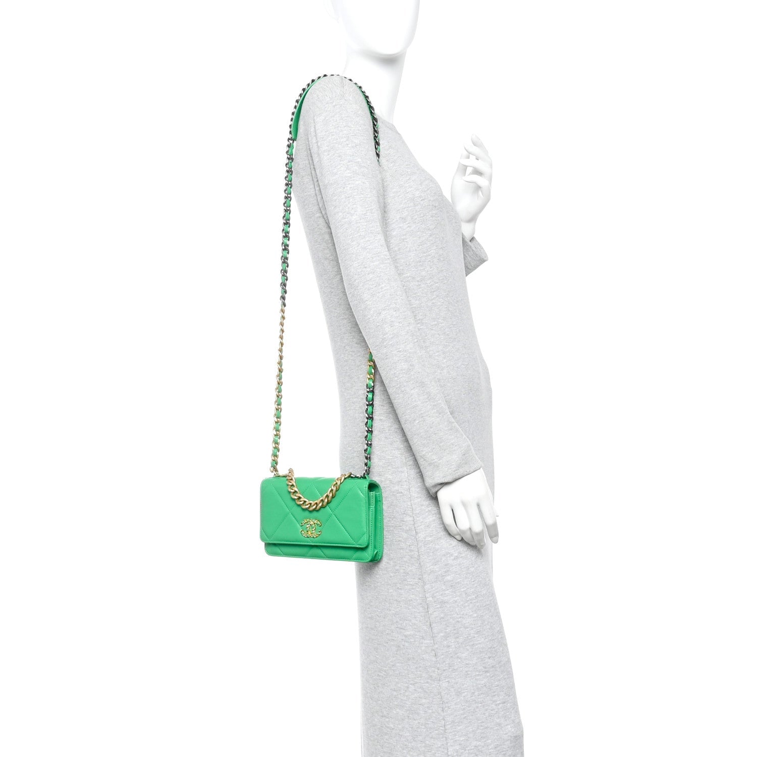 Chanel Shiny Goatskin Quilted Chanel 19 Wallet On Chain WOC Green
