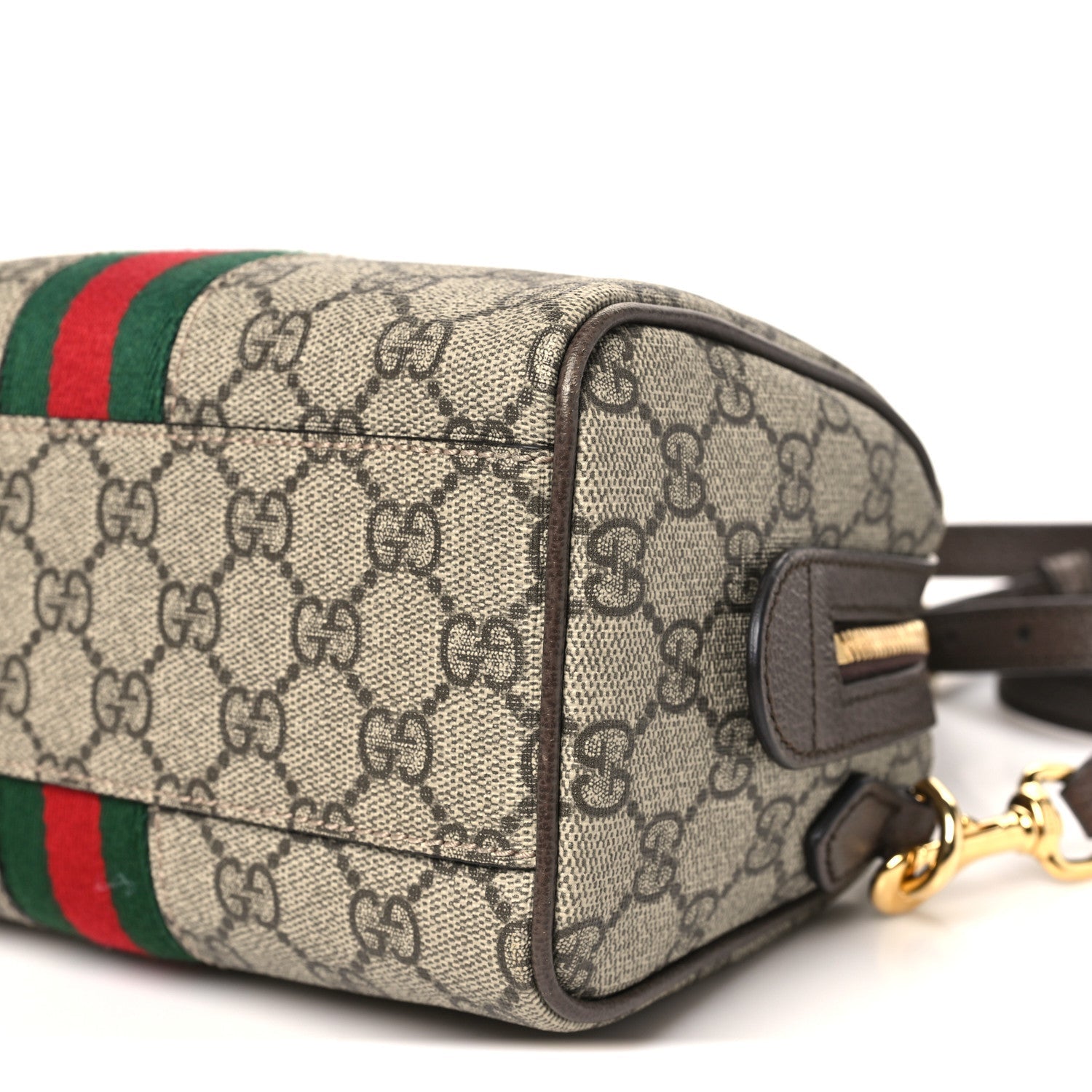 Gucci GG Supreme Monogram Textured Dollar Calfskin Web Mini Ophidia Top Handle Bowler Bag Beige Ebony New Acero
