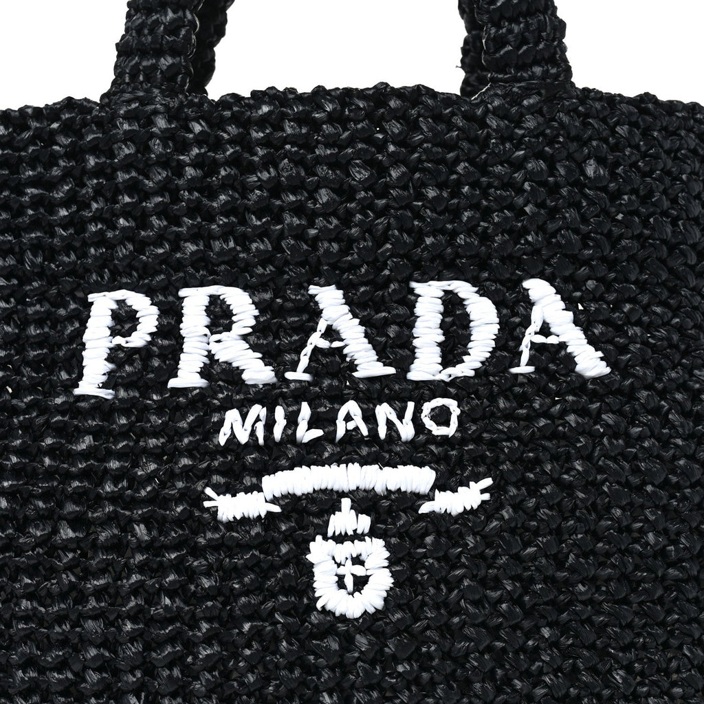 Prada Yarn Raffia Effect Crochet Small Logo Tote Black