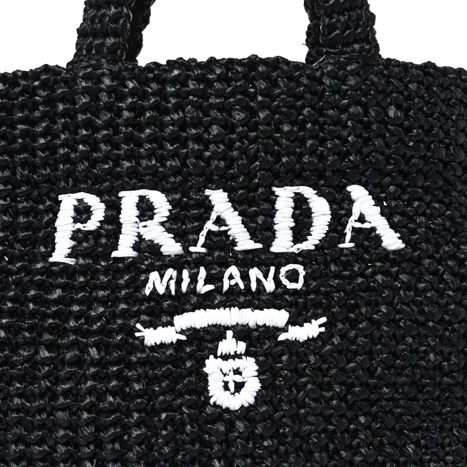 Prada Yarn Raffia Effect Crochet Small Logo Tote Black