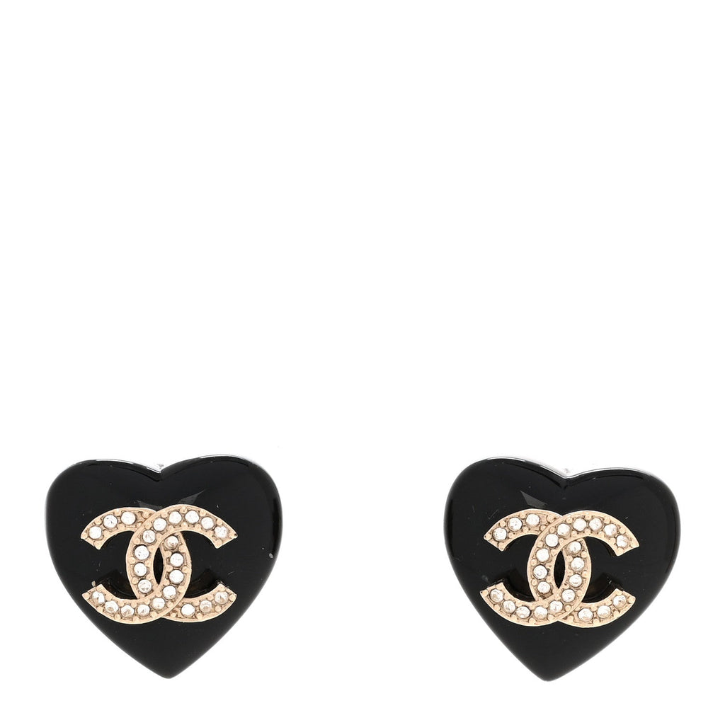 Resin Crystal CC Heart Earrings Black Gold