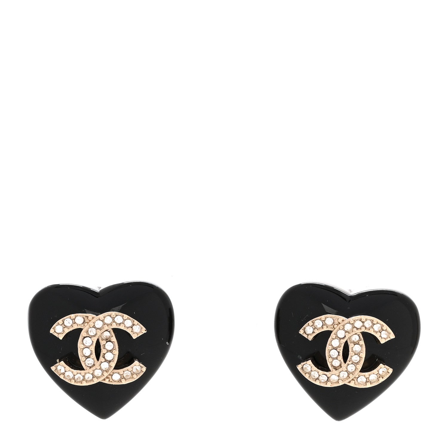 Resin Crystal CC Heart Earrings Black Gold