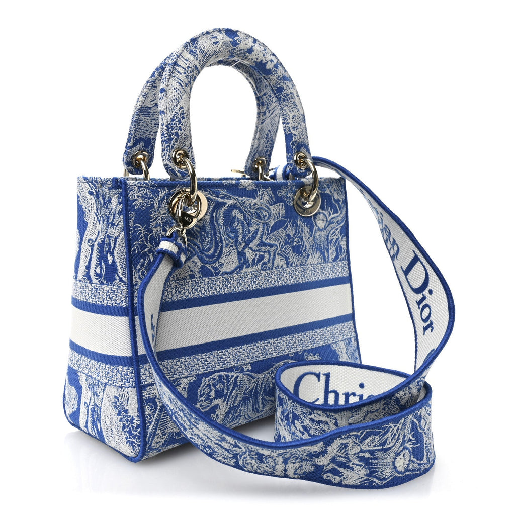 Christian Dior Canvas Toile De Jouy Reverse Embroidered Medium Lady D-Lite Fluorescent Blue