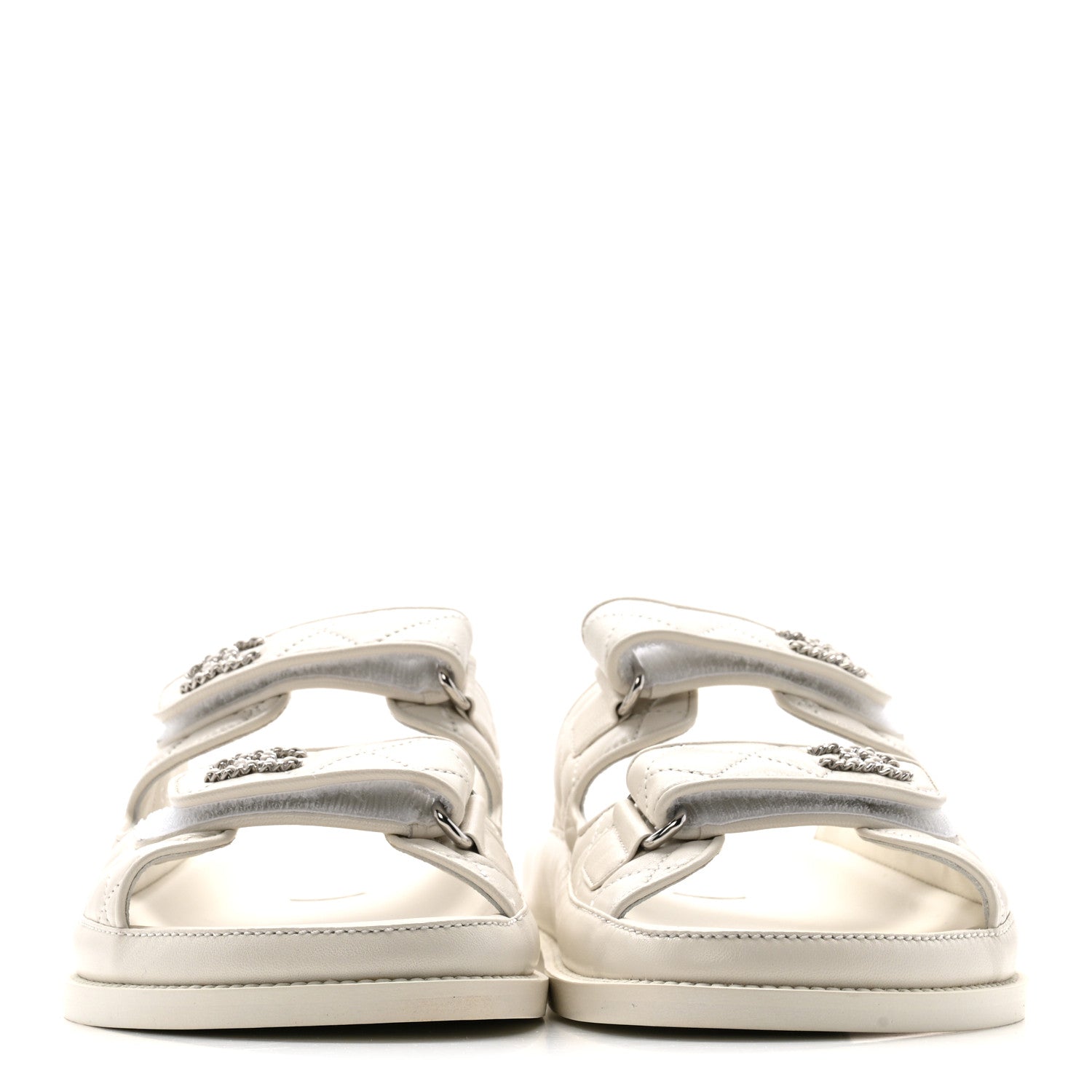 Lambskin Quilted Velcro Dad Chain CC Slide Sandals 39.5 White