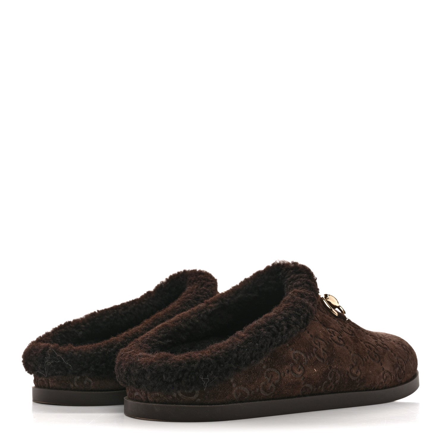 Gucci Suede GG Debossed Shearling Womens Horsebit Mules 36 Dark Brown