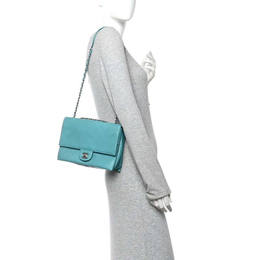 Chanel Calfskin Stitched Double Flap Bag Turquoise