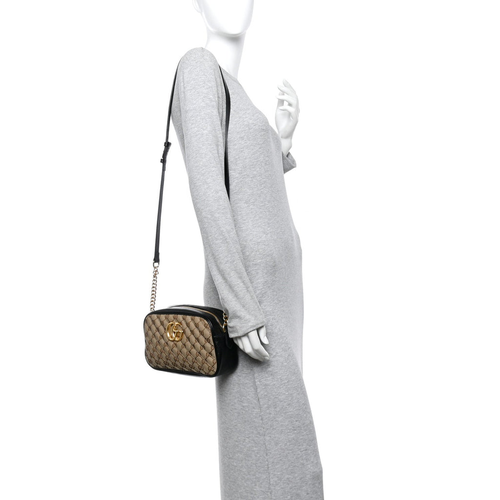 Gucci Monogram Matelasse Diagonal Small GG Marmont Chain Shoulder Bag Beige Black