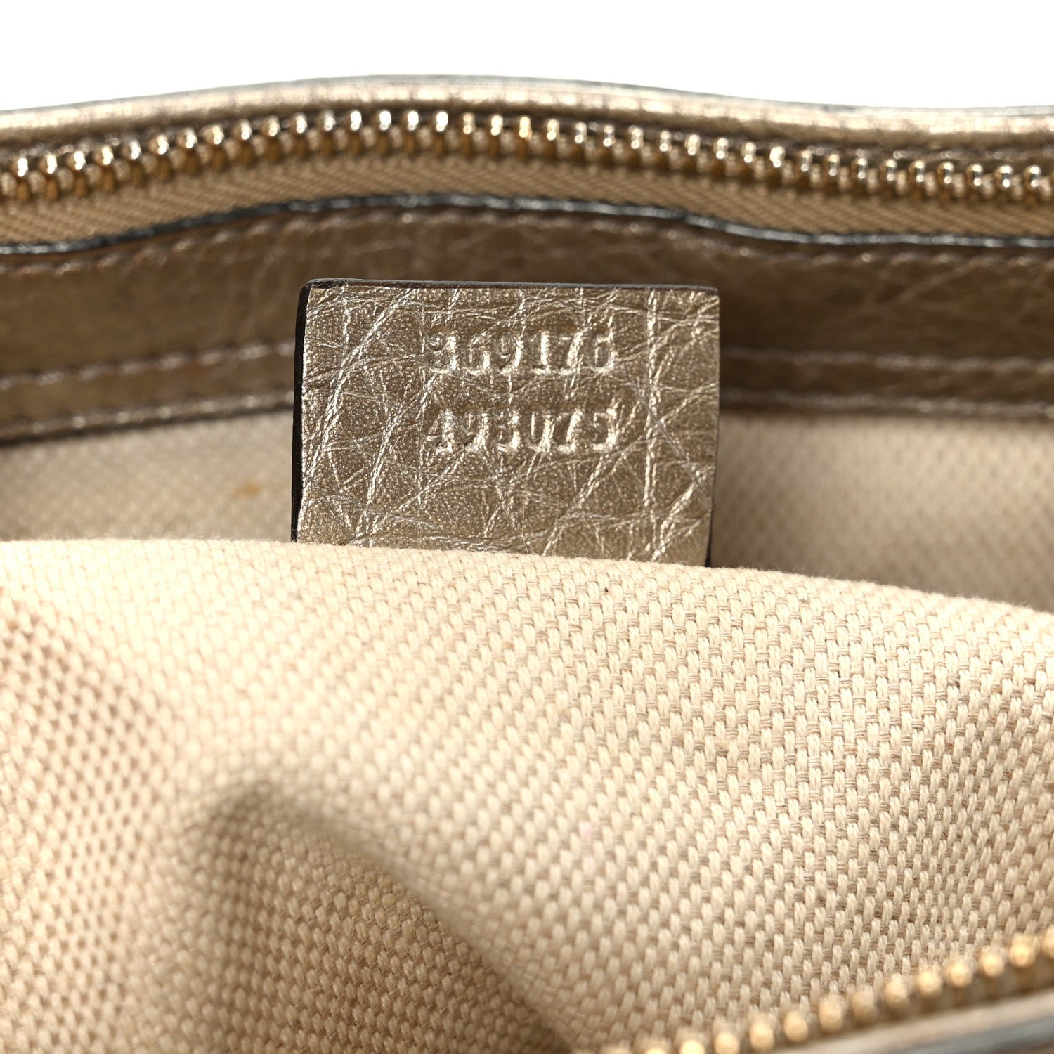 Gucci Metallic Pebbled Calfskin Small Soho Top Handle Bag Golden Beige