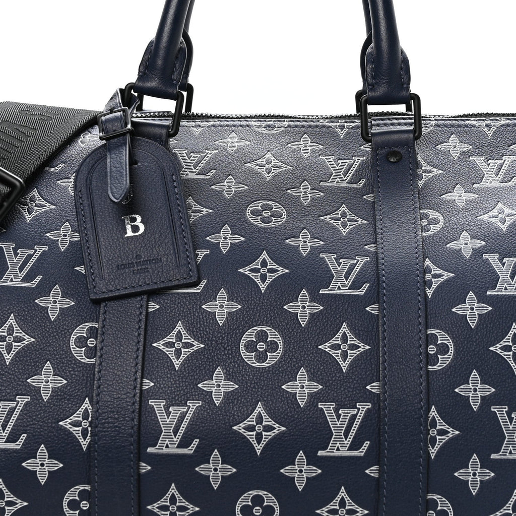 Louis Vuitton Calfskin Shadow Monogram Keepall Bandouliere 50 Ink Blue White