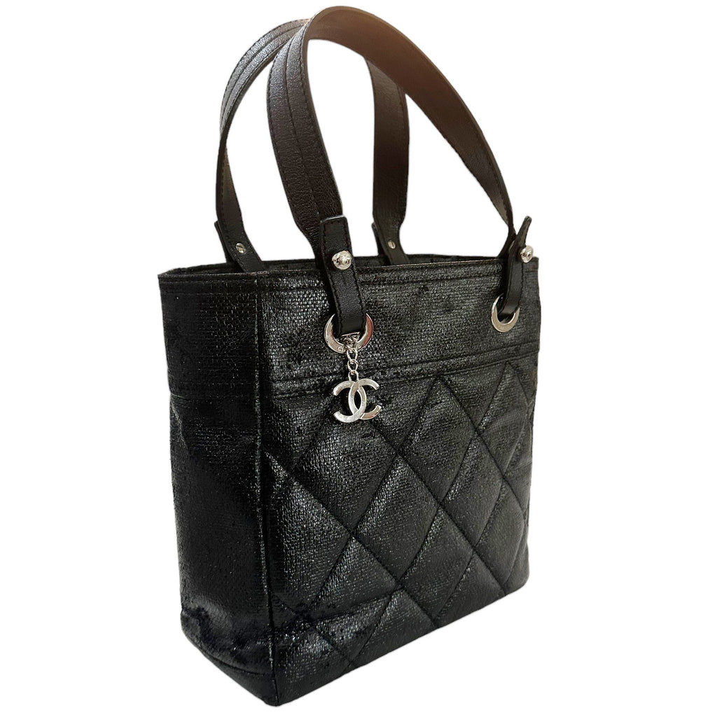 CHANEL Paris Biarritz Tote Black Coated Canvas Leather Small Tote Bag Black