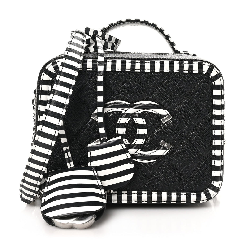 Chanel Caviar Quilted Striped Small CC Filigree Vanity Case Black White