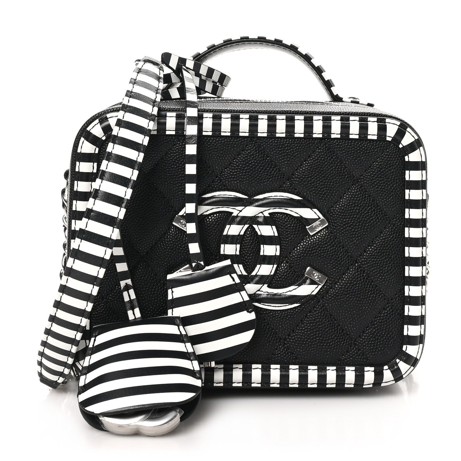 Chanel Caviar Quilted Striped Small CC Filigree Vanity Case Black White