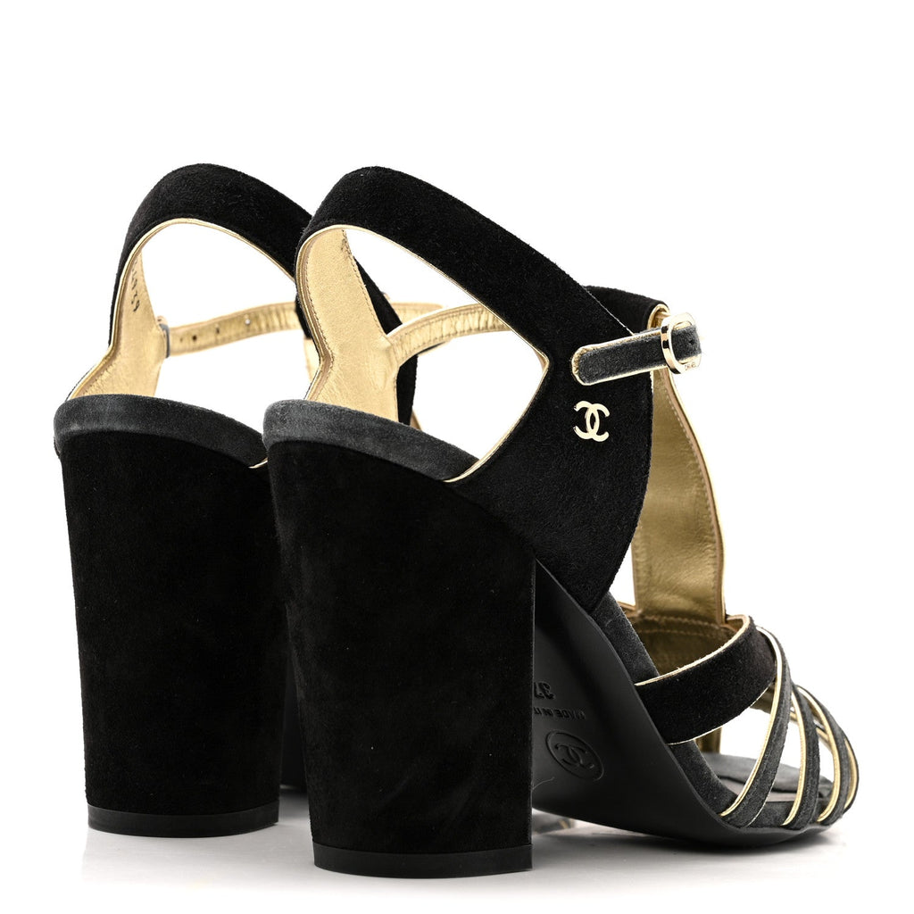 Chanel Suede Calfskin Peep Toe Ankle Strap Pumps 37 Black Grey