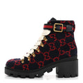 Gucci Covered Wool Big GG Monogram Womens Lace Up Combat Ankle Boots 37 Blue Red