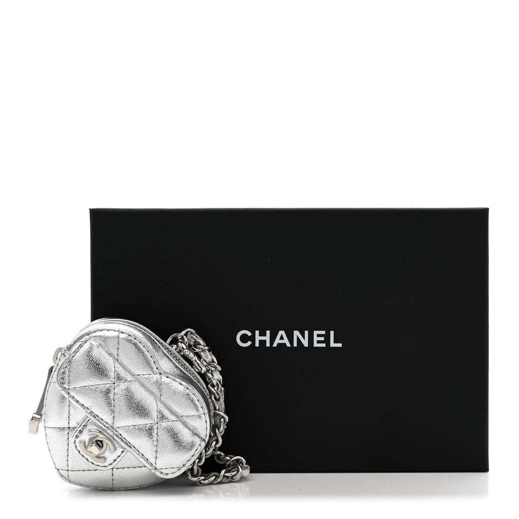 Metallic Lambskin Quilted CC Mini In Love Heart Bag Charm Silver