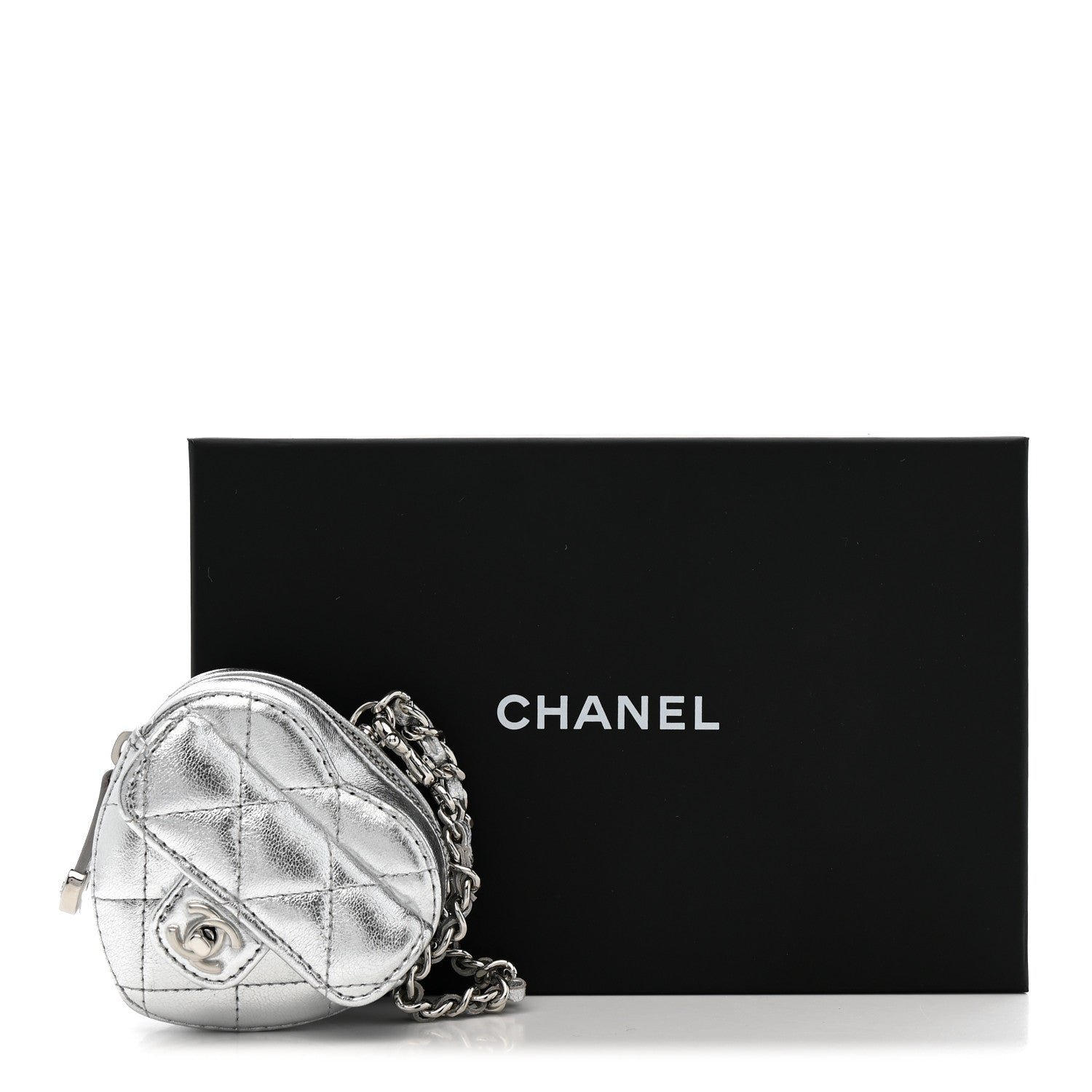 Metallic Lambskin Quilted CC Mini In Love Heart Bag Charm Silver