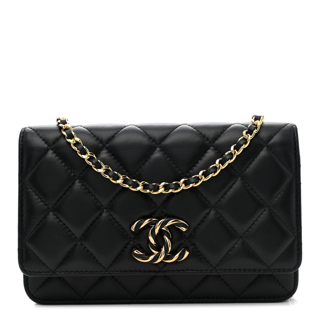 Chanel Lambskin Quilted Twisted CC Wallet On Chain WOC Black
