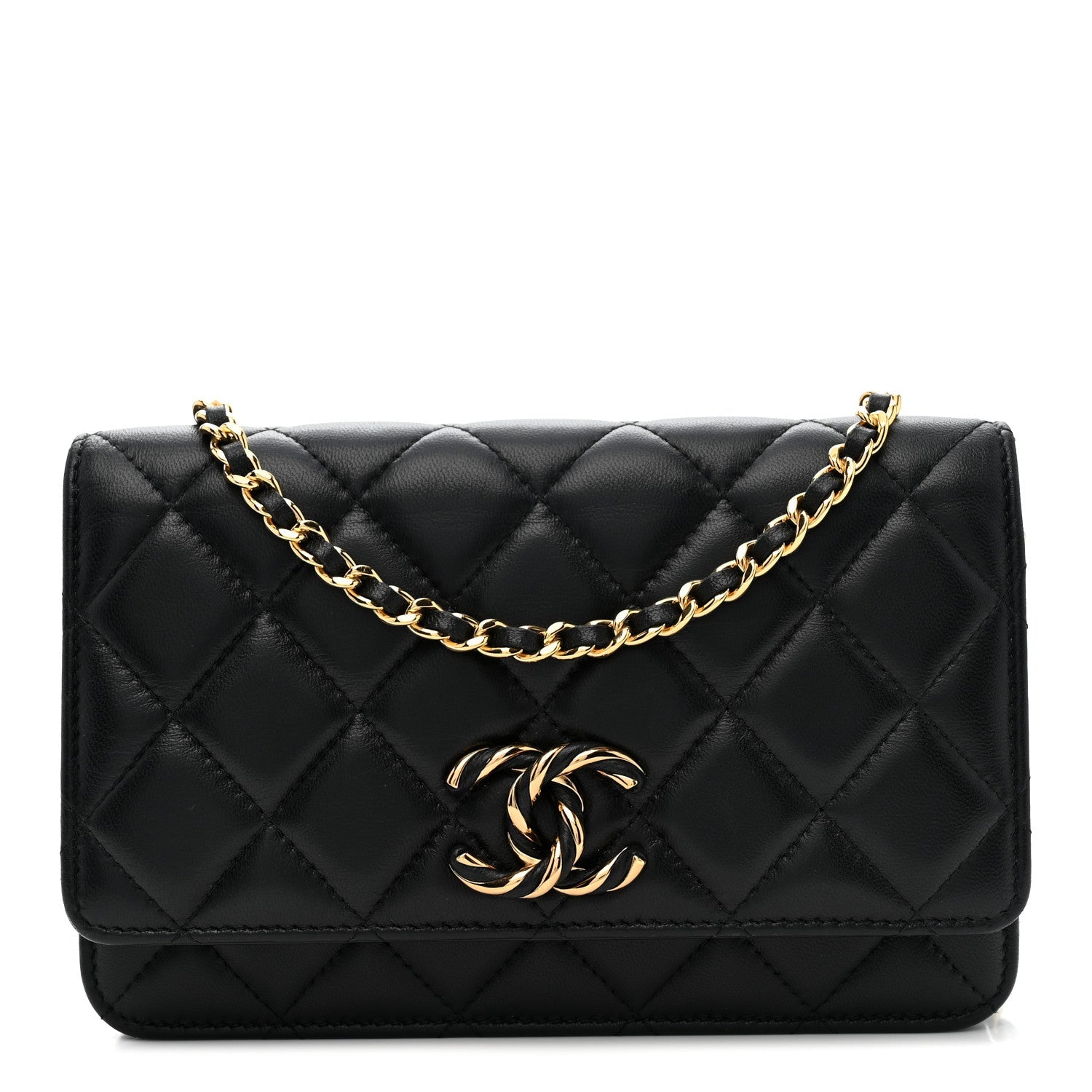 Chanel Lambskin Quilted Twisted CC Wallet On Chain WOC Black