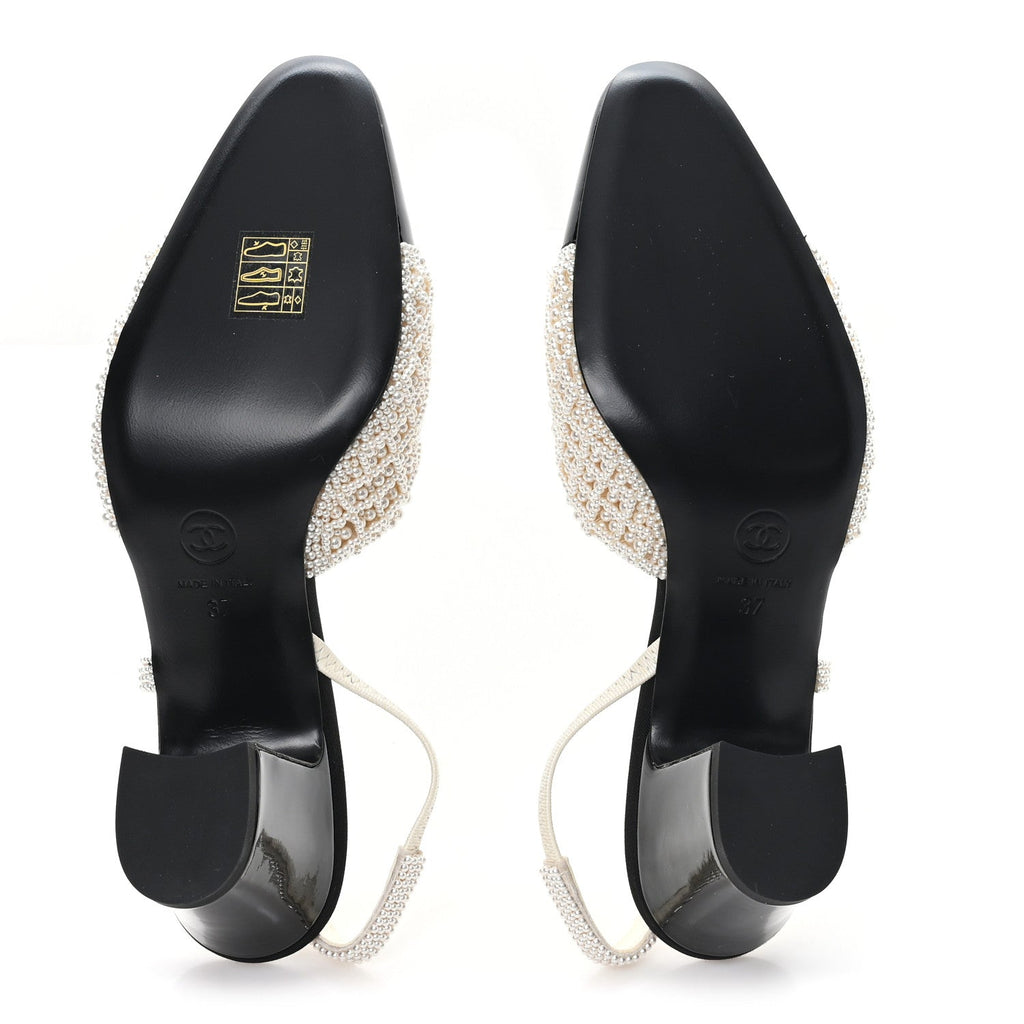 Pearl Patent Cap Toe CC Slingback Pumps 37 Ivory Black
