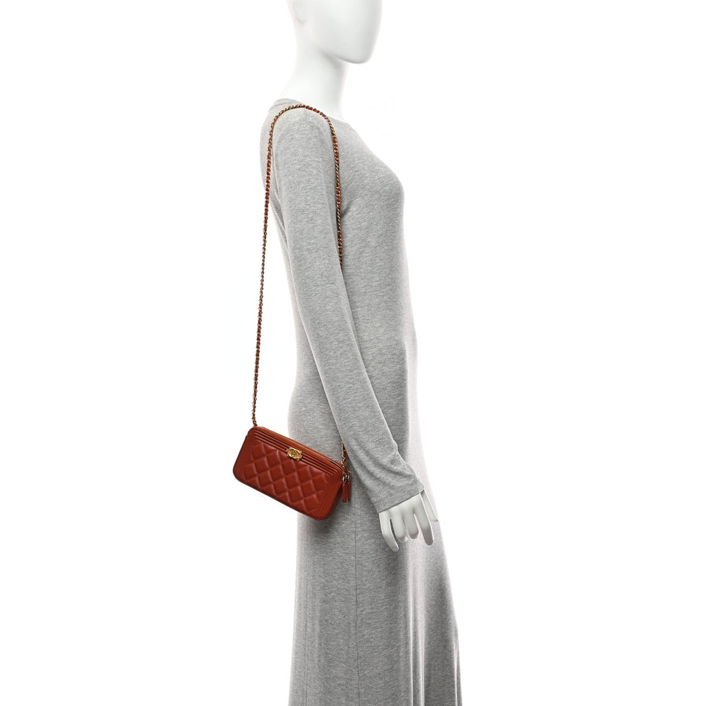 Chanel Lambskin Quilted Small Boy Clutch With Chain Orange