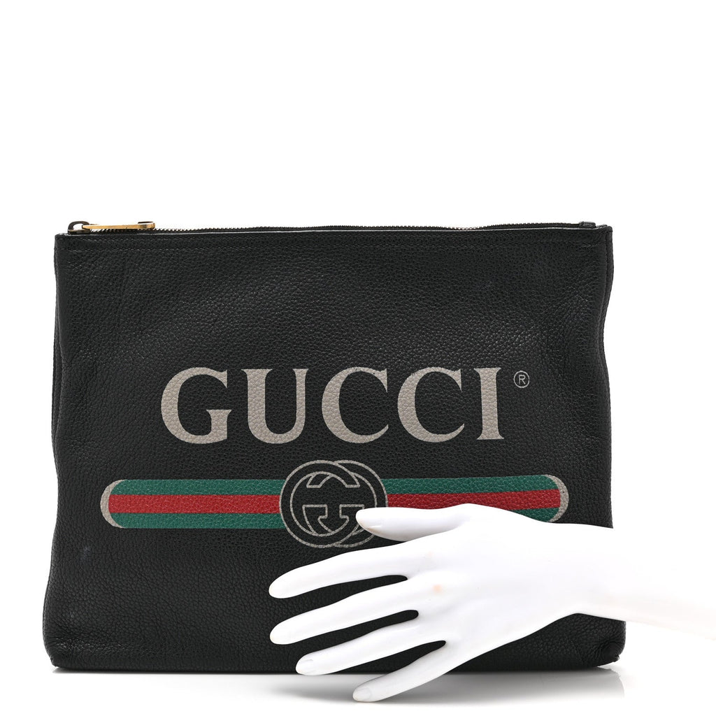 Gucci Pebbled Calfskin Medium Logo Portfolio Clutch Black