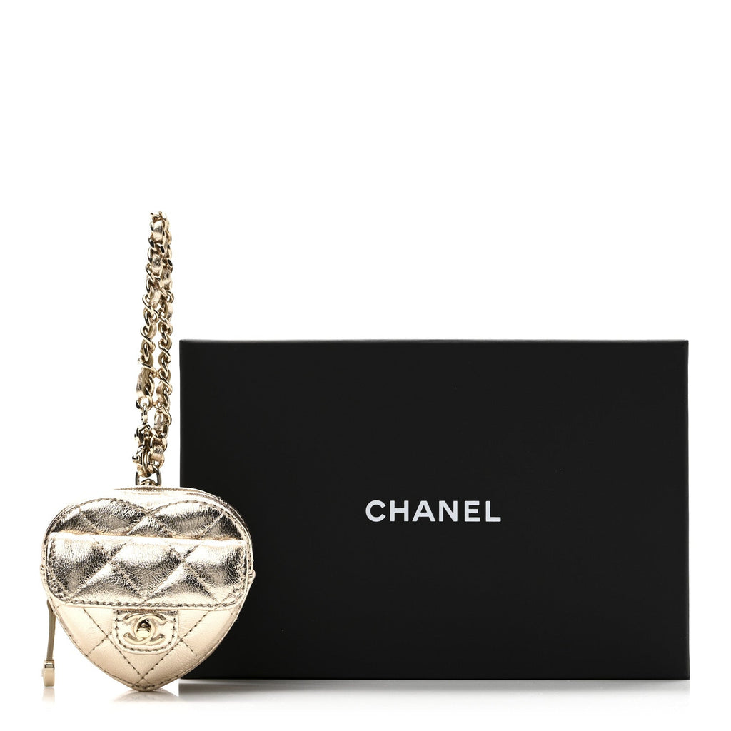 Metallic Lambskin Quilted CC Mini In Love Heart Bag Charm Gold