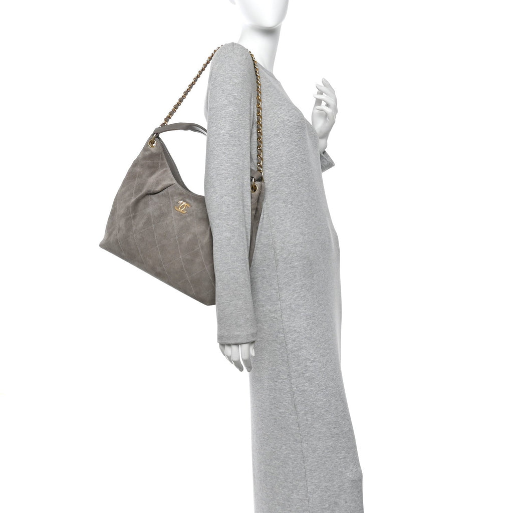 Chanel Suede Quilted Large Hobo Dark Grey