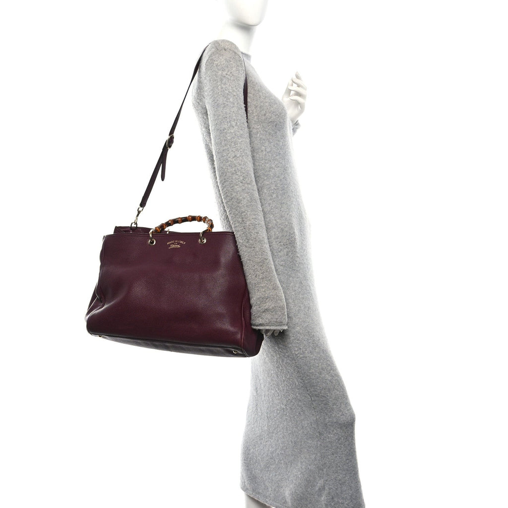 Gucci Pebbled Calfskin Large Bamboo Shopper Tote Burgundy
