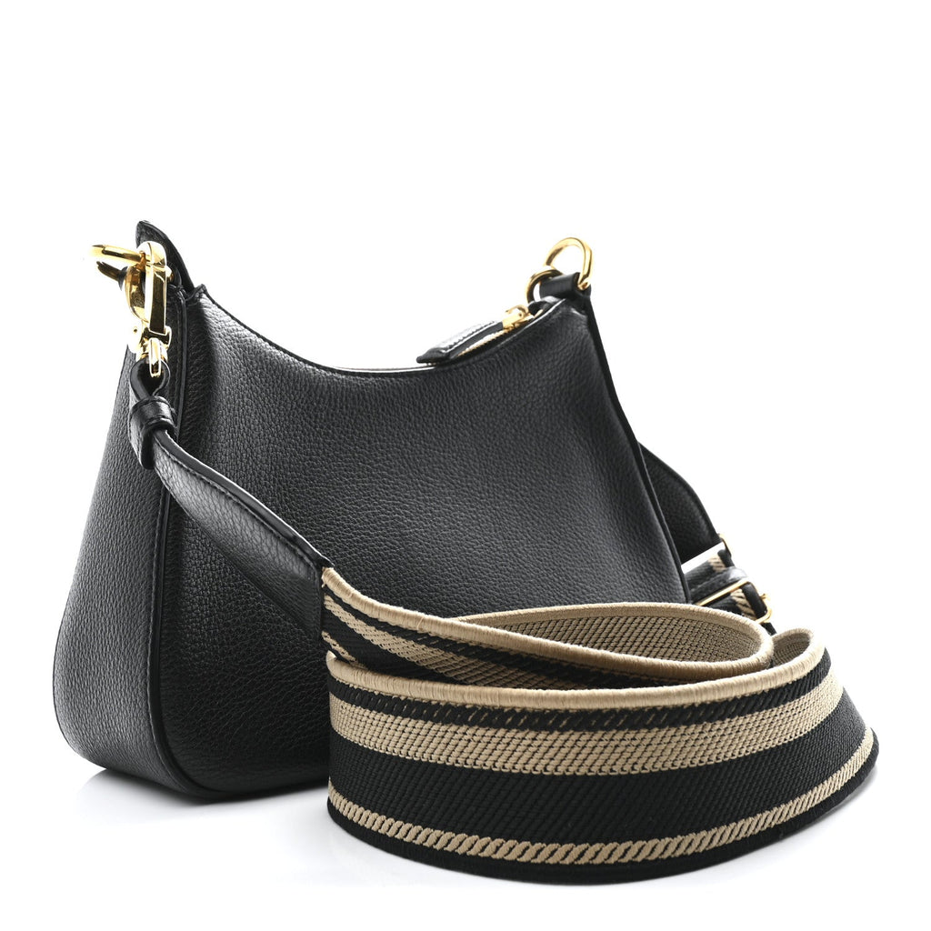 Prada Vitello Daino Soft Zippered Hobo Shoulder Bag Black