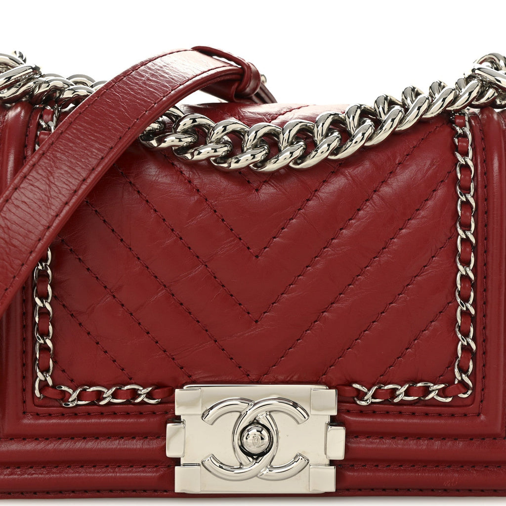 Chanel Aged Calfskin Chevron Quilted Small Jacket Boy Flap Red