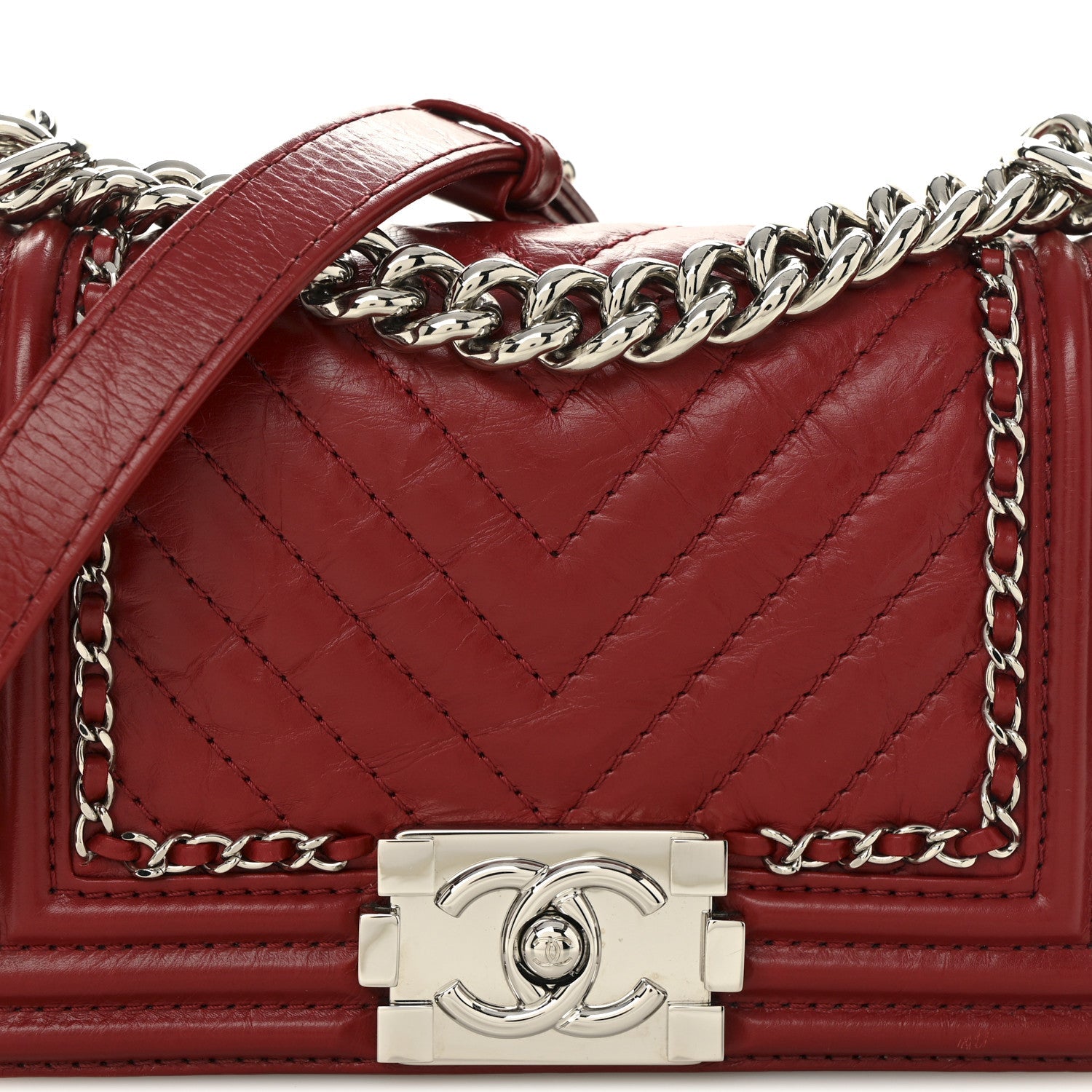 Chanel Aged Calfskin Chevron Quilted Small Jacket Boy Flap Red
