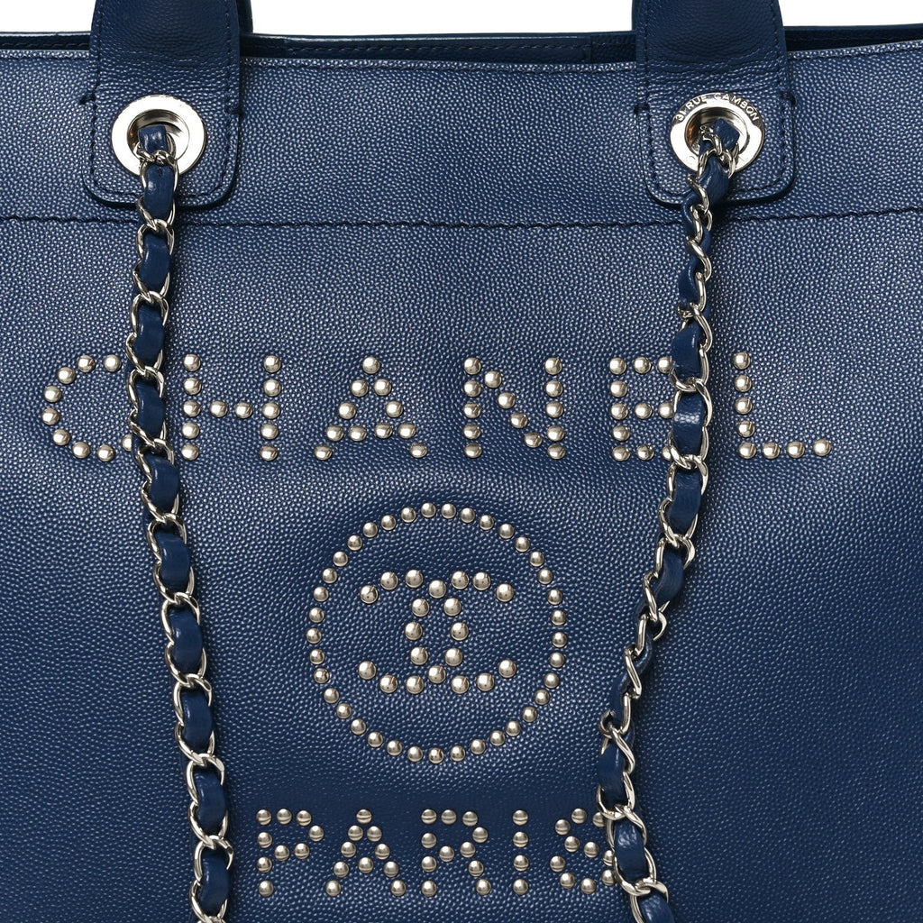 Chanel Caviar Small Studded Deauville Tote Navy