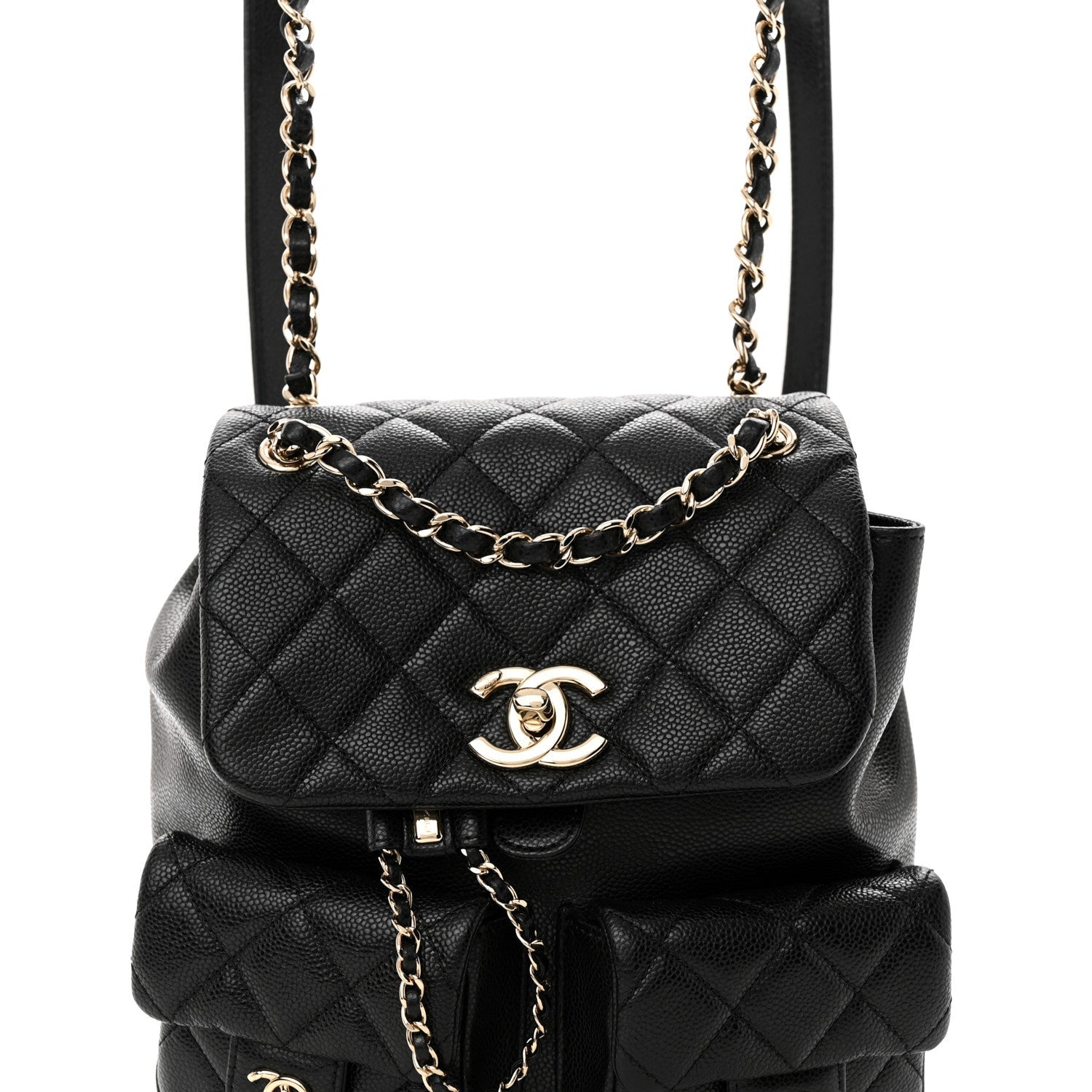 Chanel Shiny Caviar Quilted Medium Duma Pockets Drawstring Backpack Black