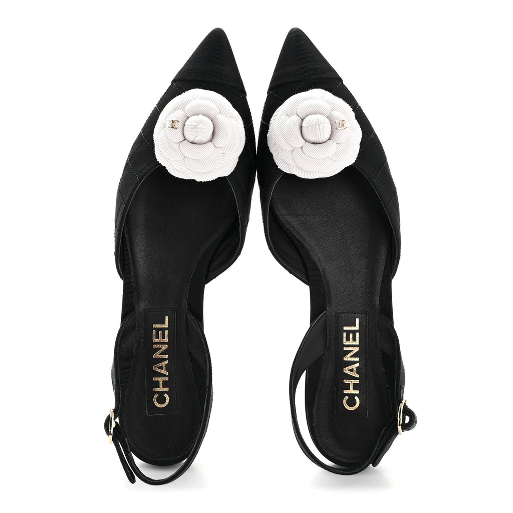Grosgrain Camellia Slingback Flats 39.5 Black White
