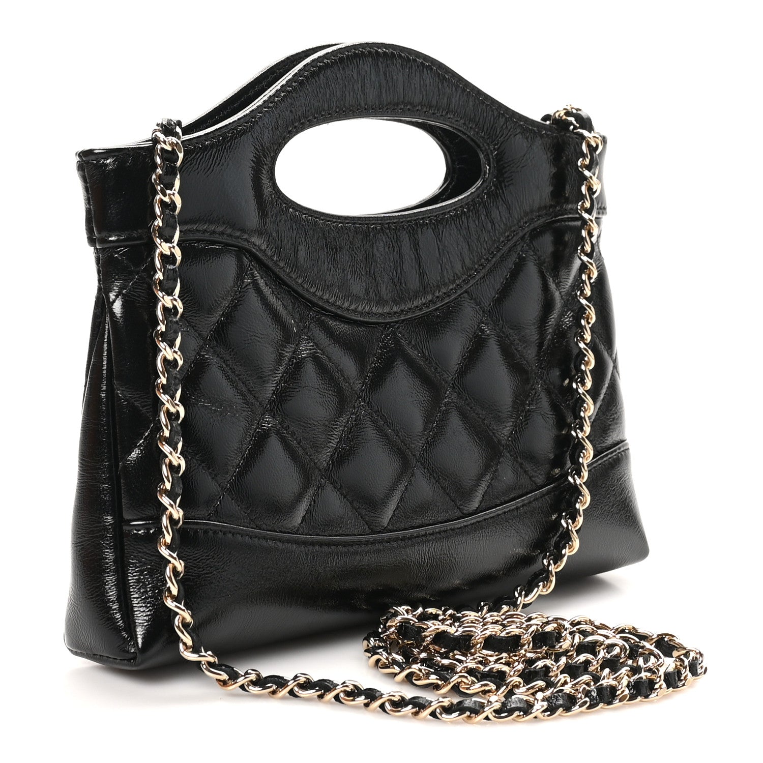Chanel Shiny Crumpled Calfskin Quilted Nano 31 Shopping Bag Black