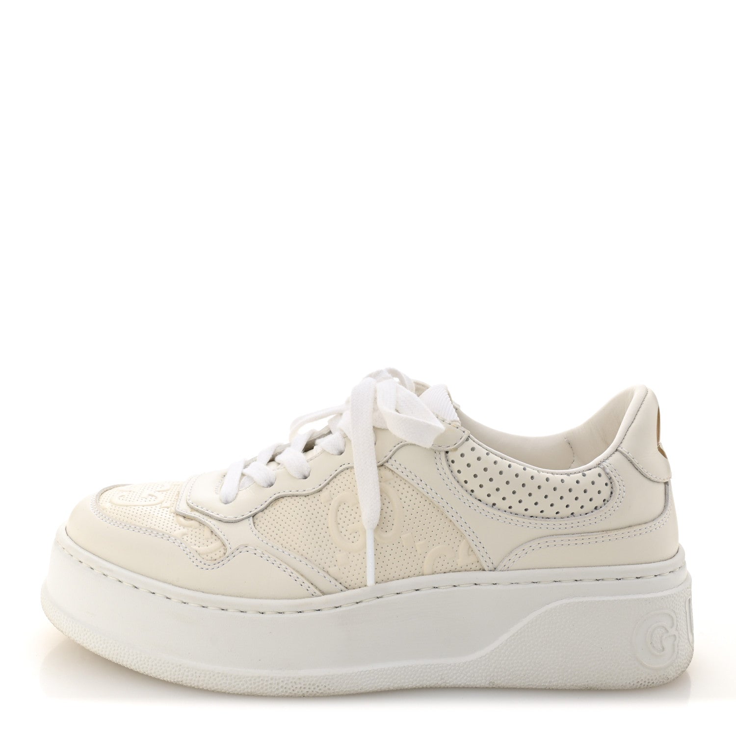 Gucci Calfskin GG Tennis Embossed Perforated Womens Platform 55mm Sneakers 37 Great White