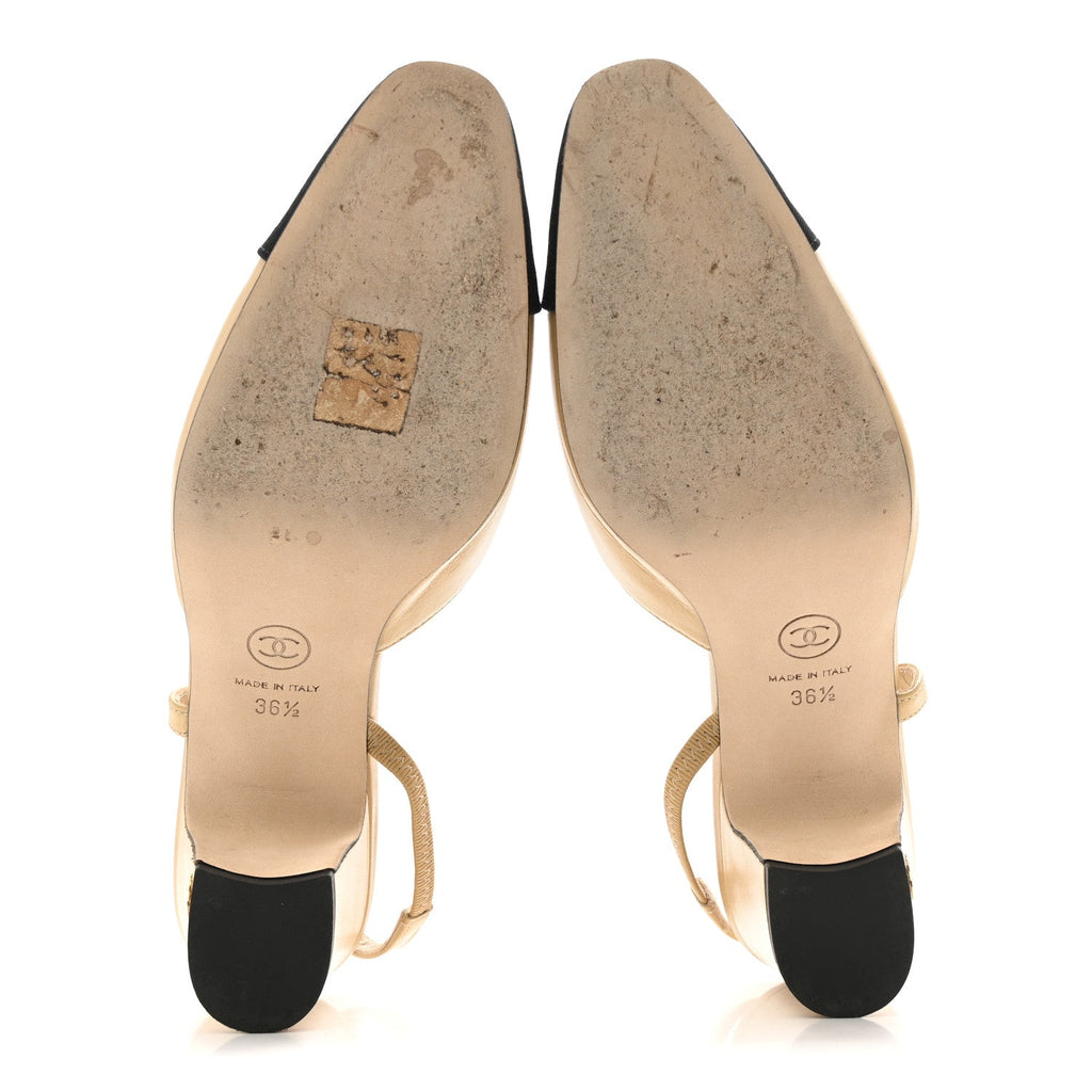 Goatskin Grosgrain Cap Toe CC Slingback Pumps 36.5 Beige Black