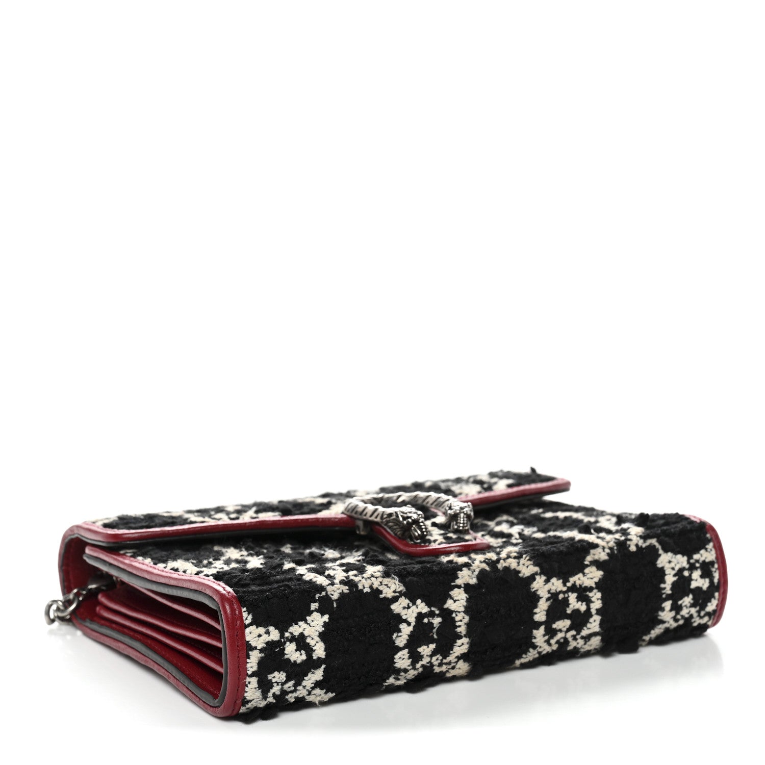 Gucci Tweed GG Monogram Mini Dionysus Chain Wallet Black White Romantic Cherry