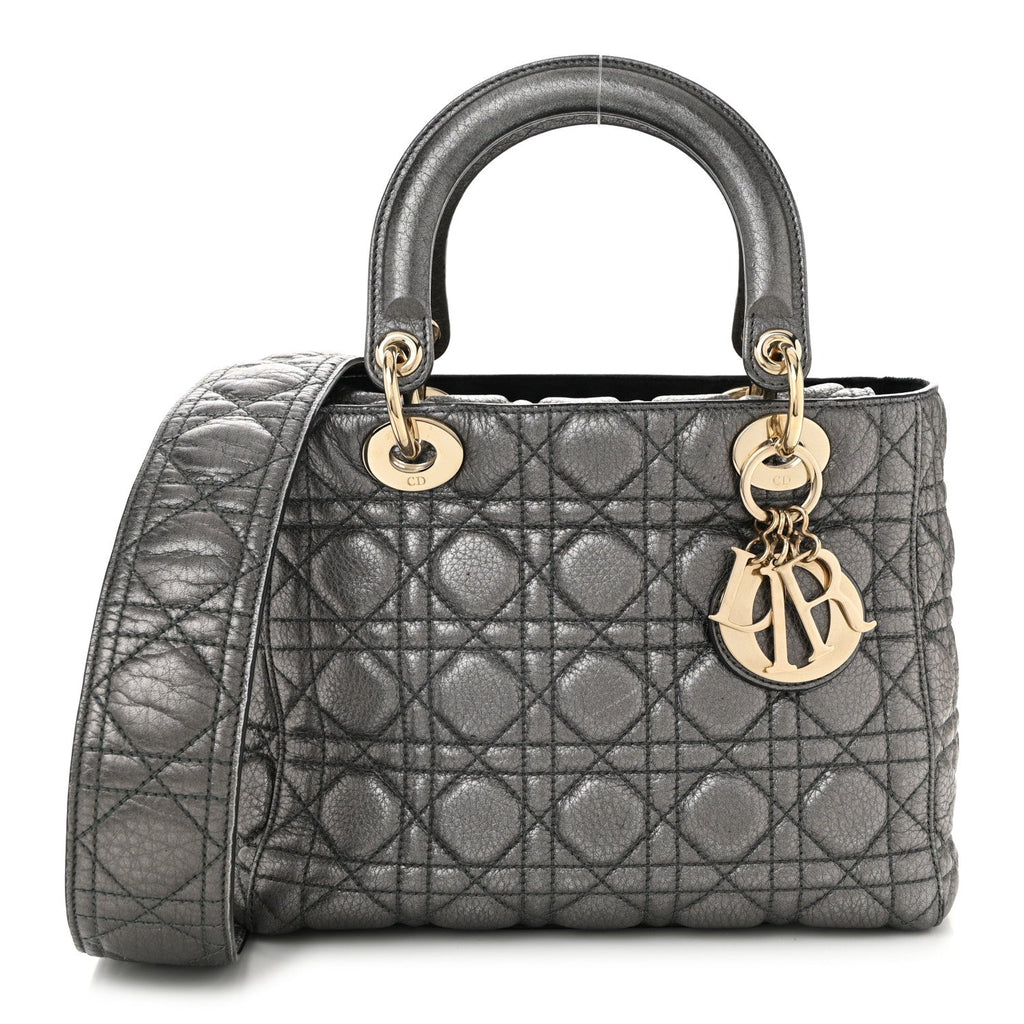 Christian Dior Metallic Grained Calfskin Cannage Medium Supple Lady Dior Steel