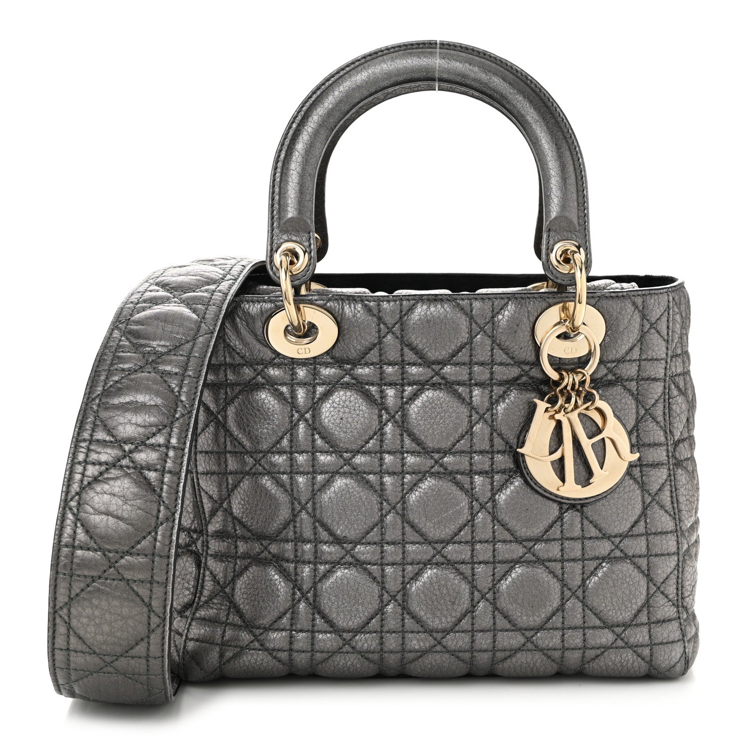 Christian Dior Metallic Grained Calfskin Cannage Medium Supple Lady Dior Steel