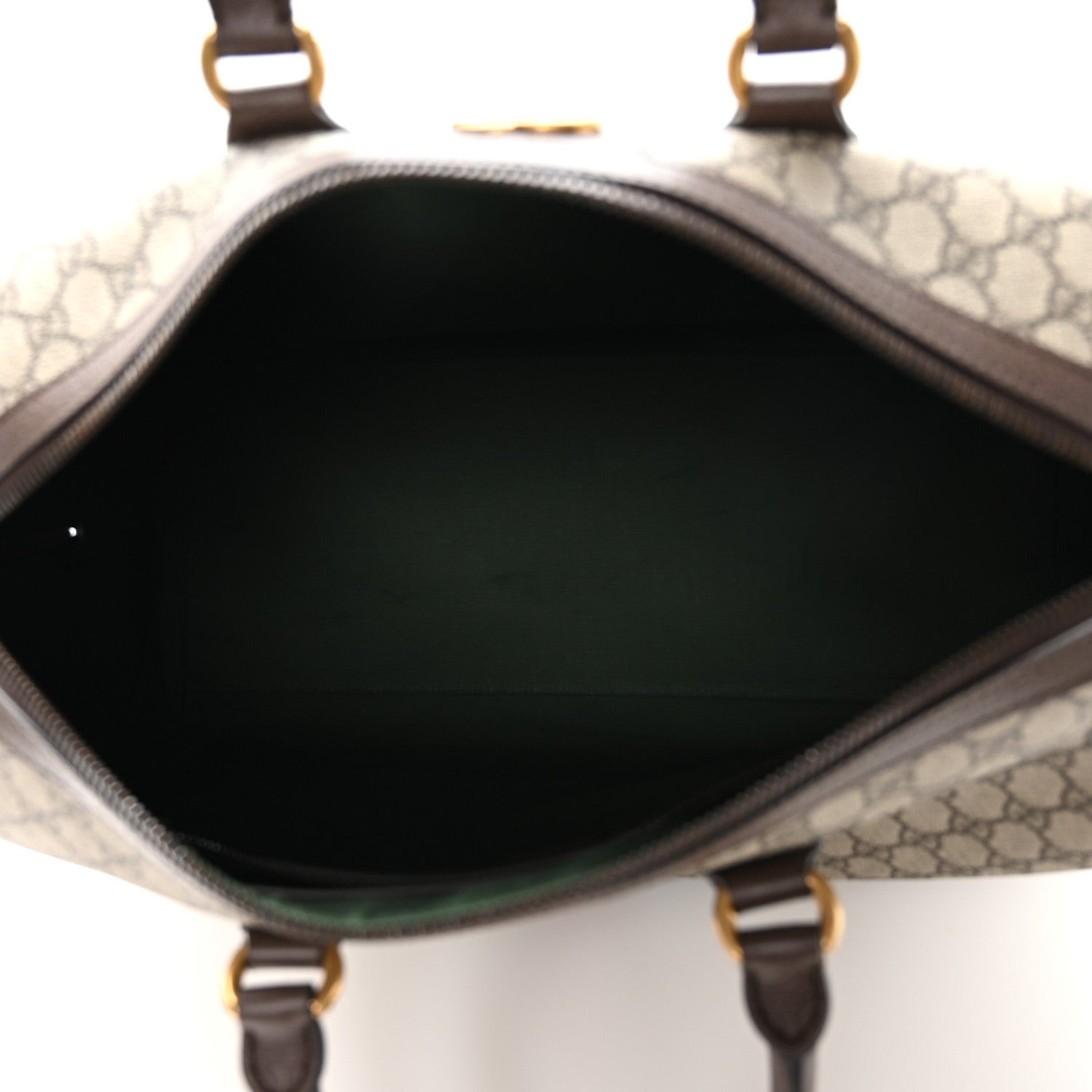 Gucci GG Supreme Monogram Textured Dollar Calfskin Web Medium Savoy Duffle Bag Beige Dark Brown