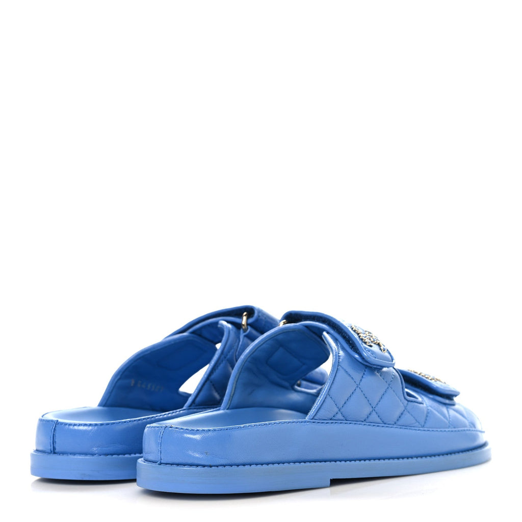 Lambskin Quilted Velcro Dad Chain CC Slide Sandals 37 Blue