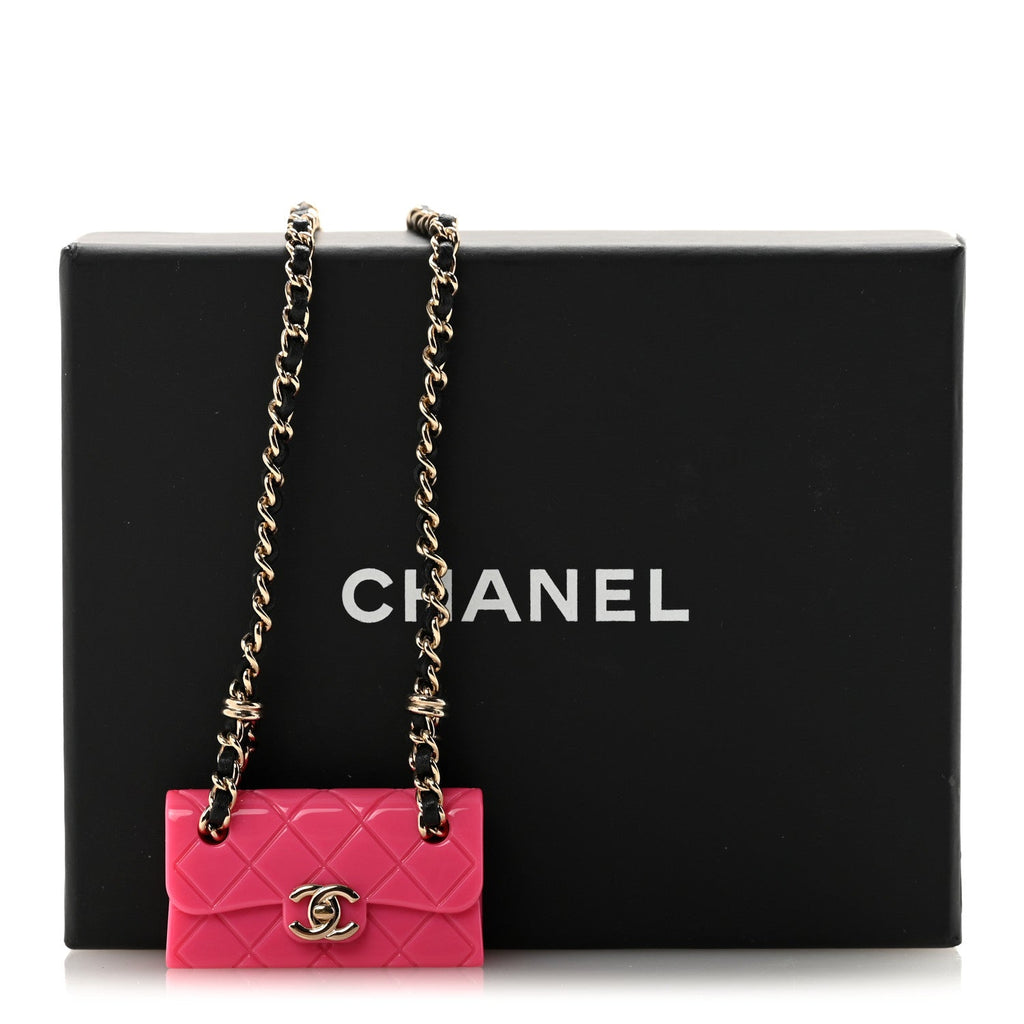 Metal Resin Lambskin Flap Bag Long Necklace Golden Pink Black