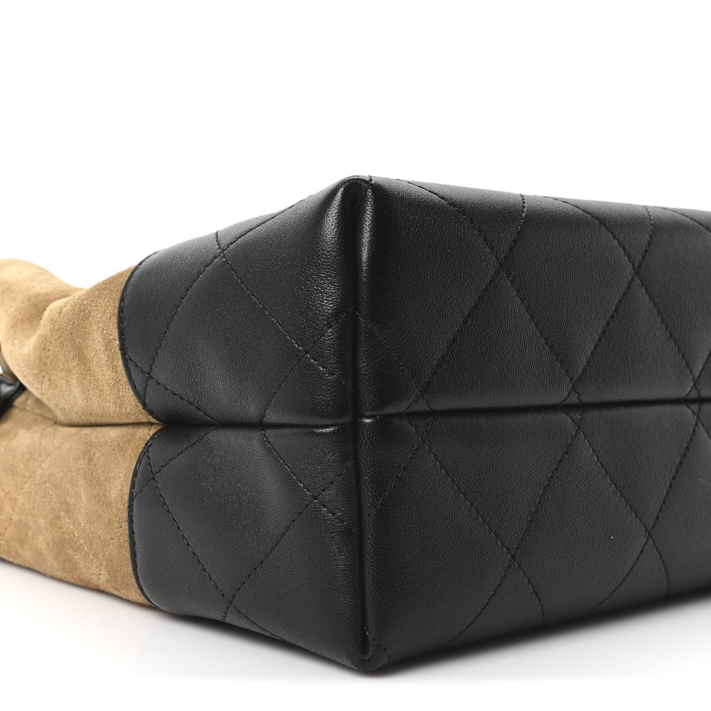 Chanel Suede Calfskin Shiny Lambskin Quilted Small Coco Base Shopping Bag Beige Black