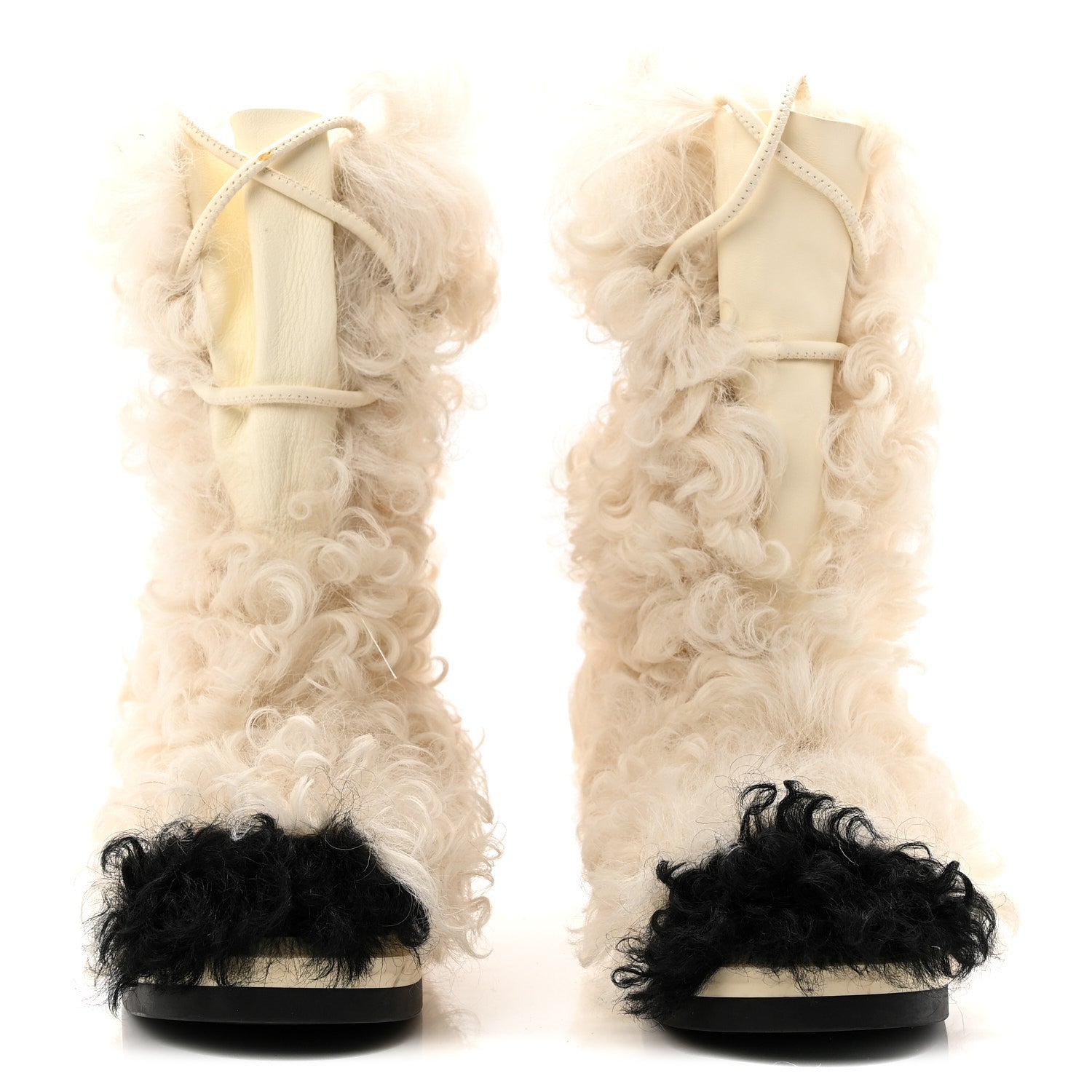 Chanel Shearling Sheepskin High Boots 37.5 Ivory Black