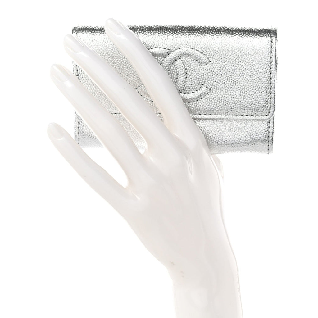 Metallic Caviar Timeless CC Flap Card Holder Silver