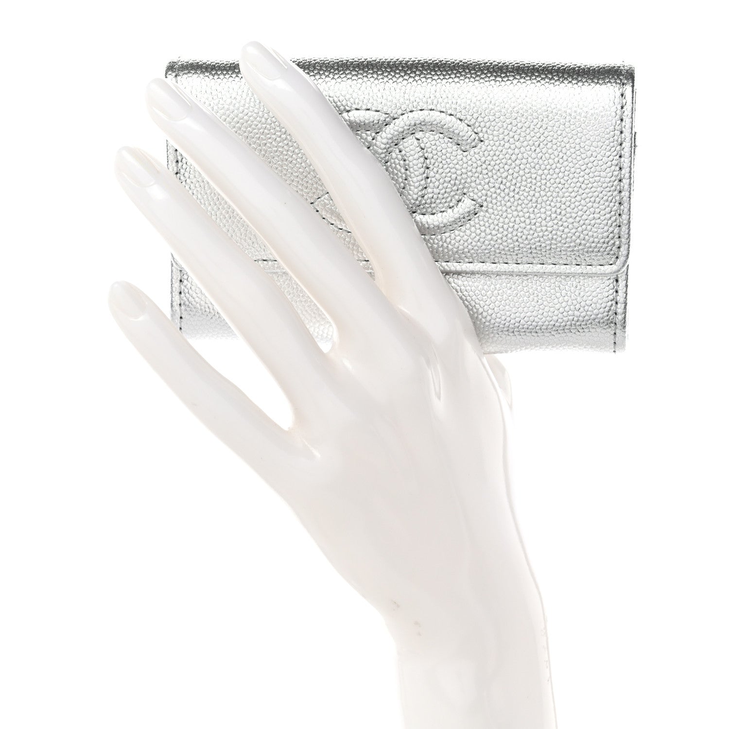 Metallic Caviar Timeless CC Flap Card Holder Silver