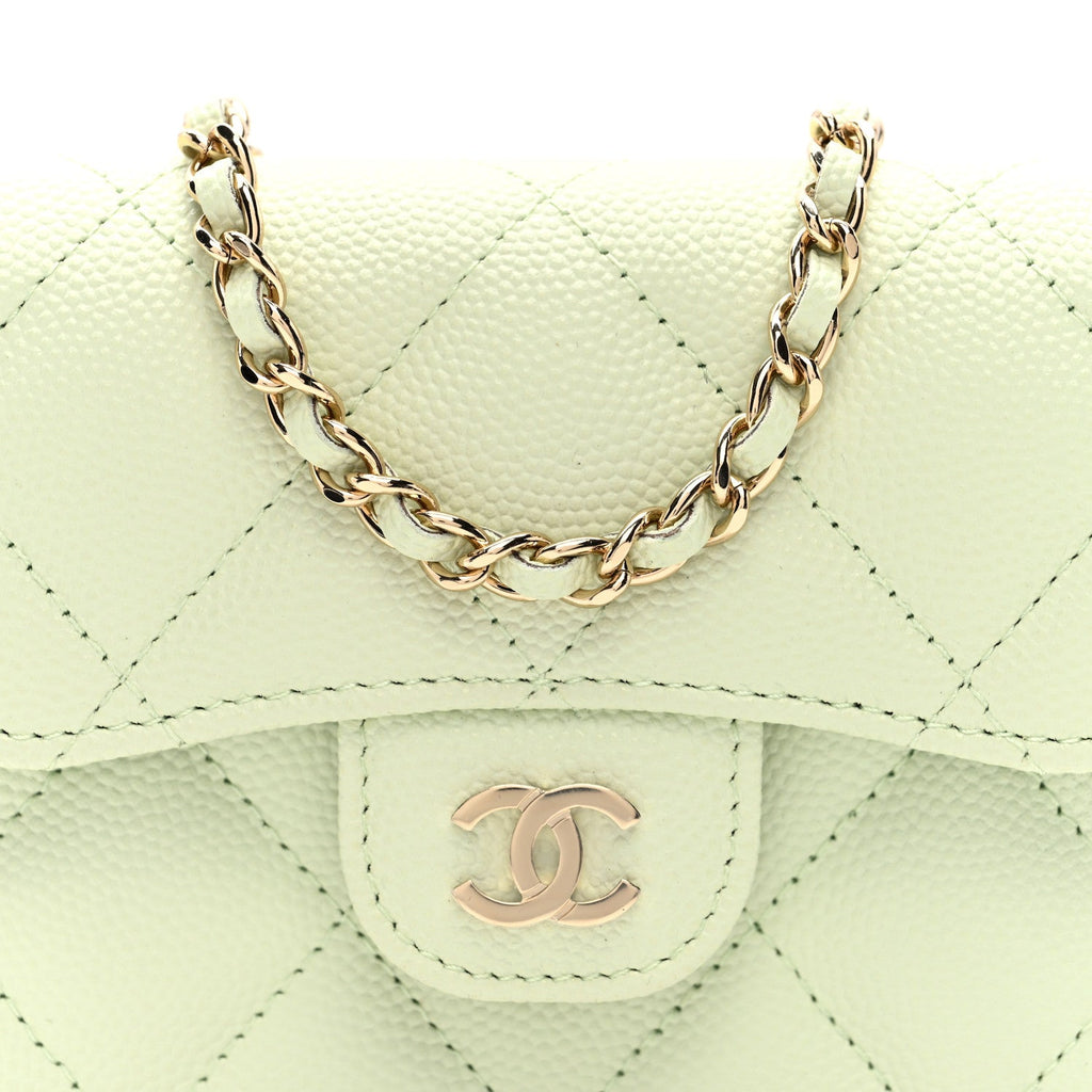 Chanel Caviar Quilted Flap Card Holder On Chain Light Green